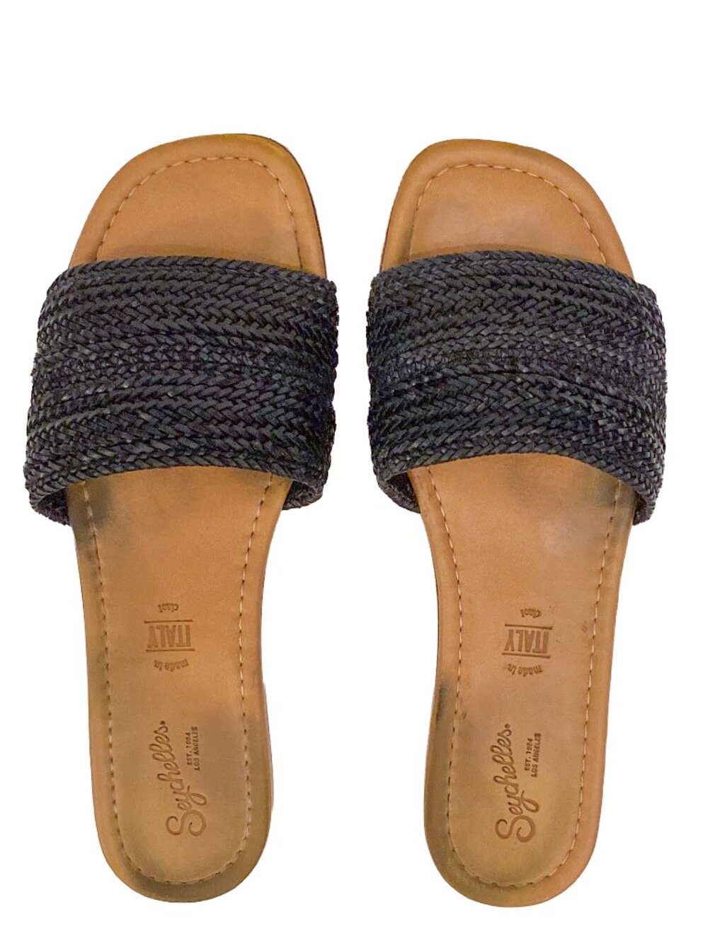 SEYCHELLES Palms Perfection Black Woven Slide Flat Sandals Sz 9